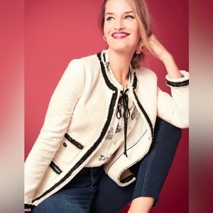 Talbots Provence Tweed Classic Blazer Jacket Ivory Black Fringe Trim Size 16P